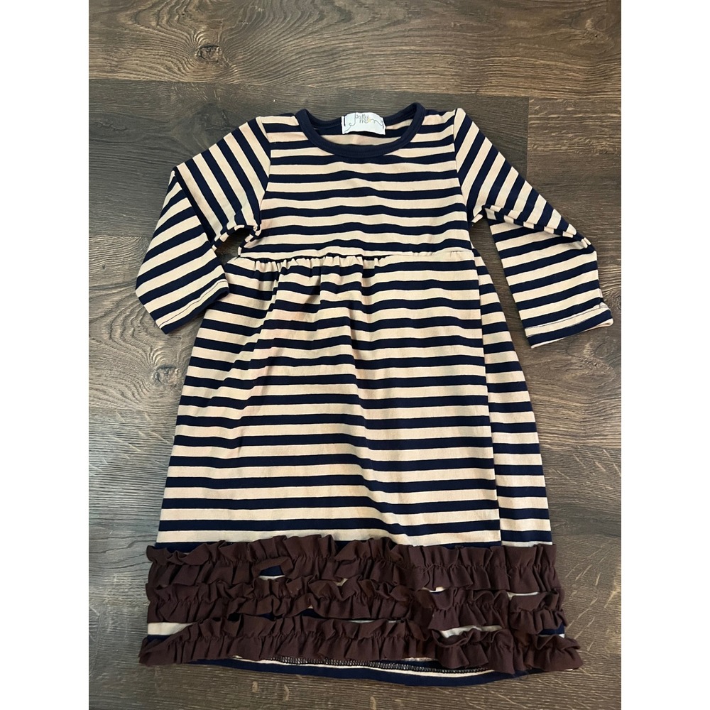 Patty Me Girls Long Sleeve Striped Ruffle Hem Knit Dress Navy Tan Brown 4